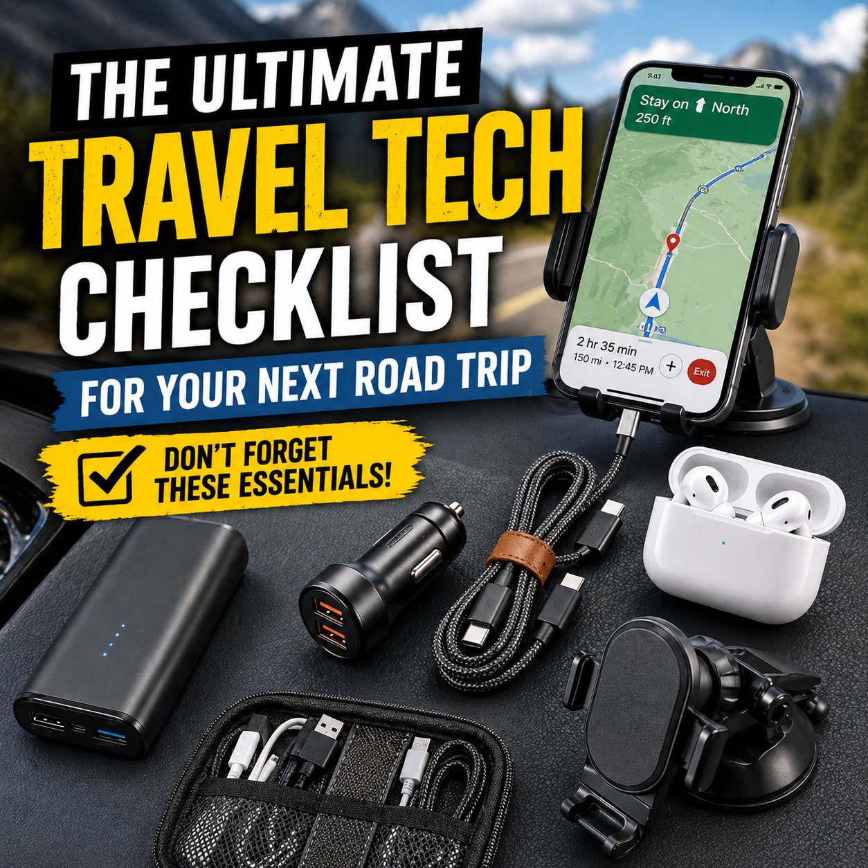 travel tech checklist for road trip with smartphone mount power bank charger and earbuds for convenient travel