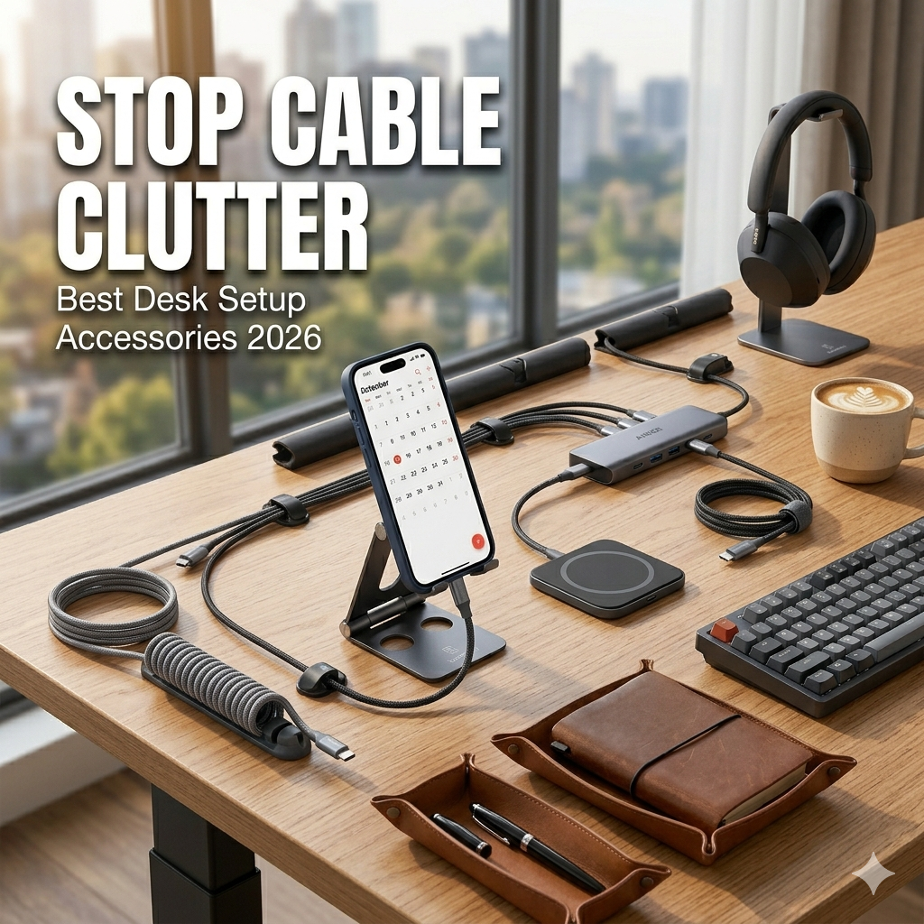 Modern desk setup with cable organizer, wireless charger, smartphone stand, and neatly arranged charging cables on a wooden desk.