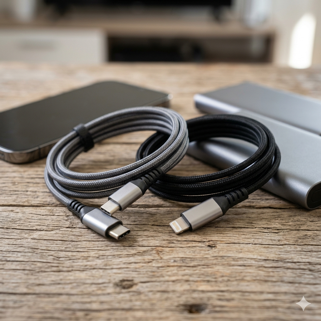 Close-up of a high-quality nylon braided charging cable with a durable metal connector shell on a wooden surface, showing premium texture, 1:1 square ratio.