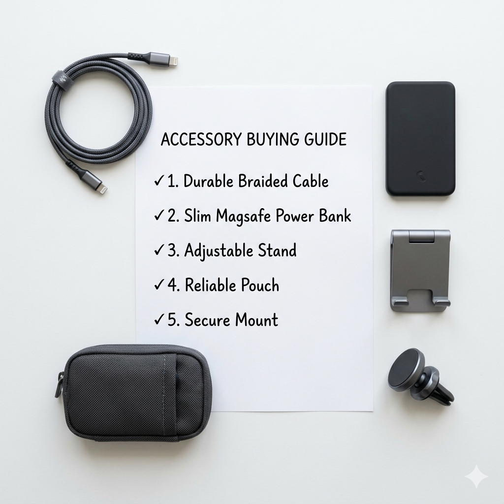 A high-resolution 1:1 square ratio photo of a professional tech checklist with premium phone accessories like a braided cable and a magsafe power bank, arranged on a clean white desk.