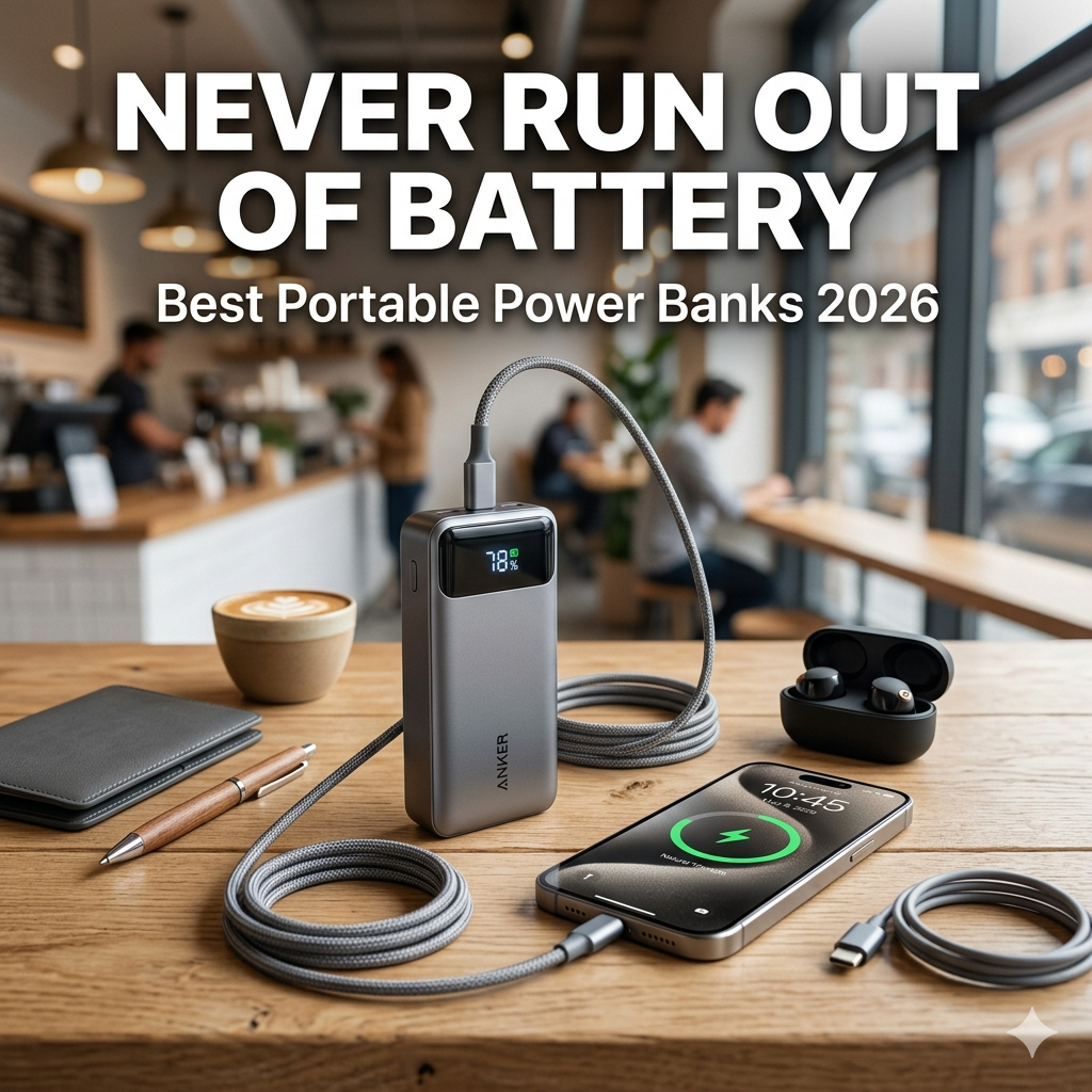 Portable power bank with smartphone and modern charging accessories on a clean setup.