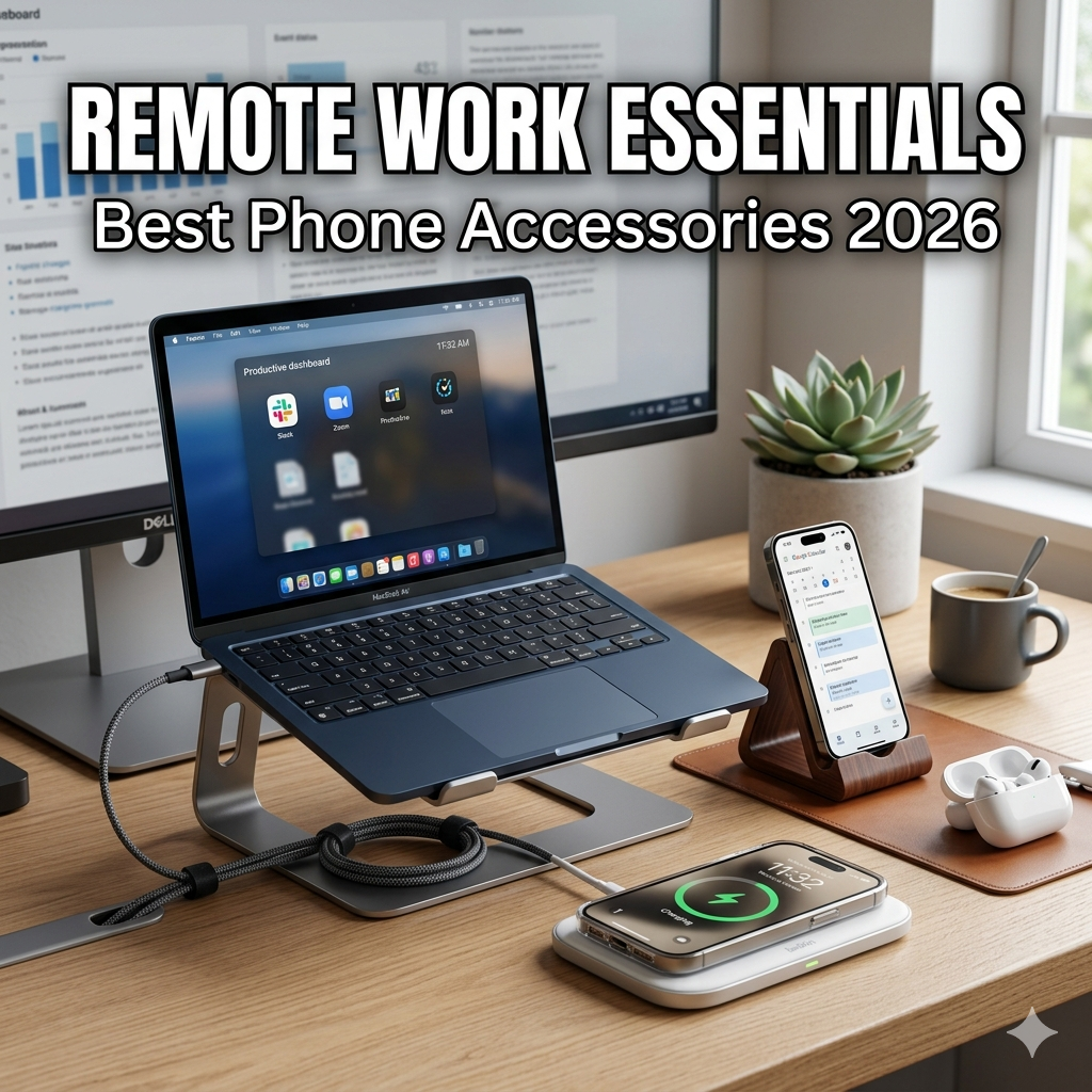 Modern remote work desk setup with smartphone accessories and wireless charging devices.