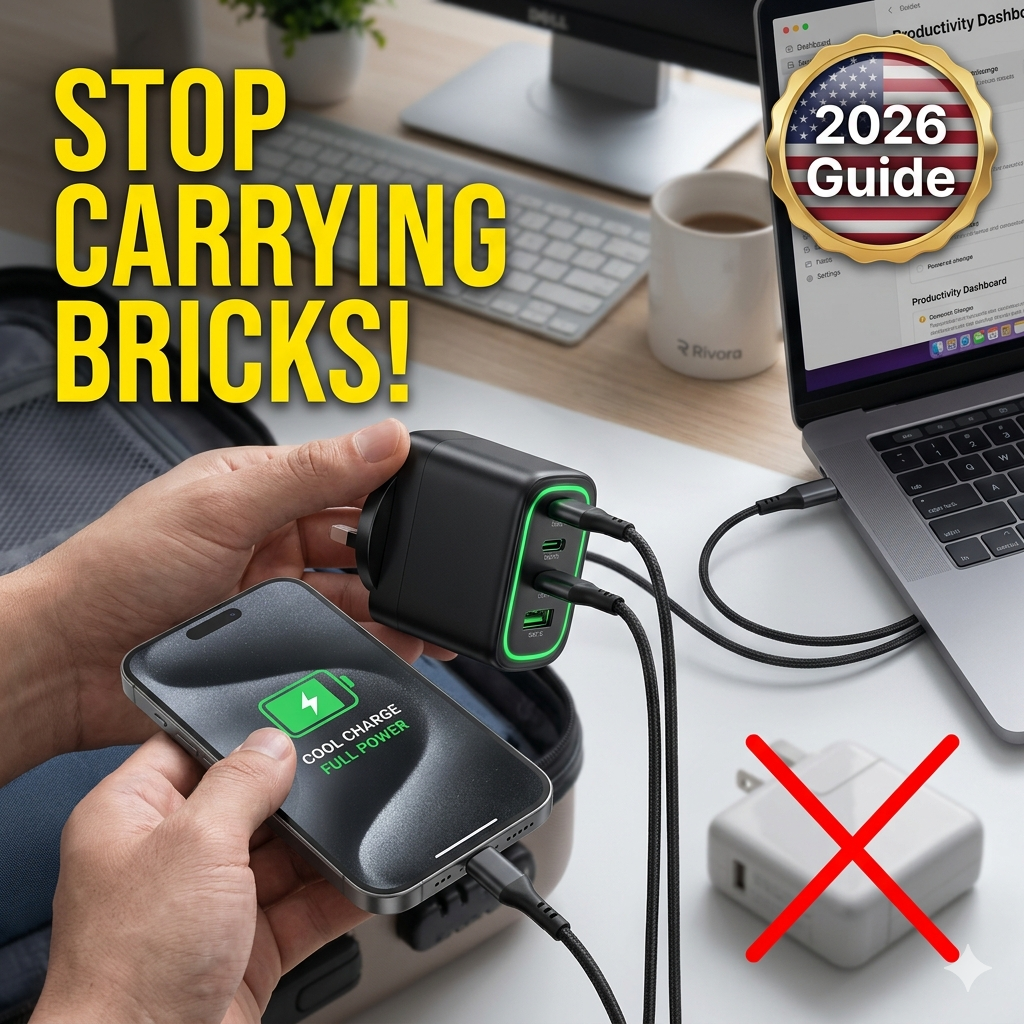 hand holding GaN III multi-port travel charger powering MacBook and phone, red 'X' over old charger, yellow text "STOP CARRYING BRICKS!", 2026 Guide.