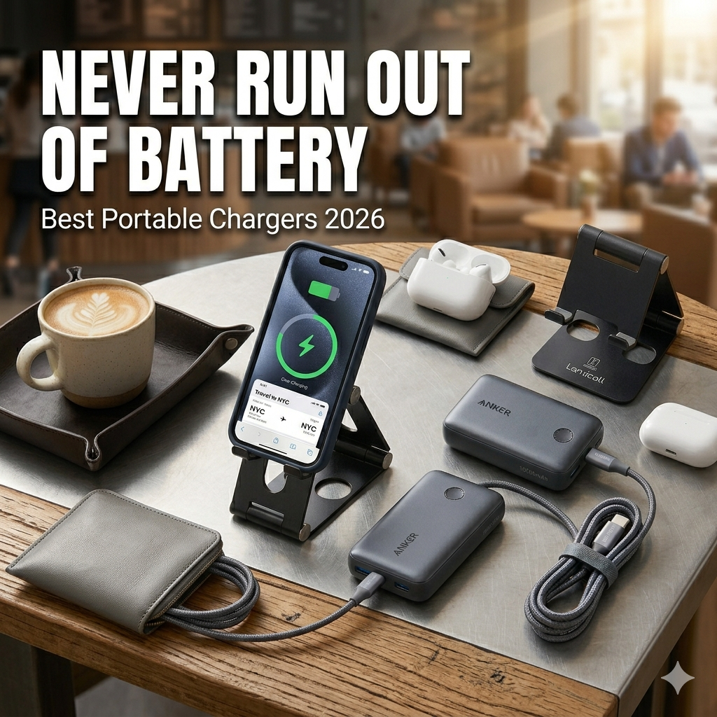 Portable charger with smartphone and charging accessories on a modern desk setup.