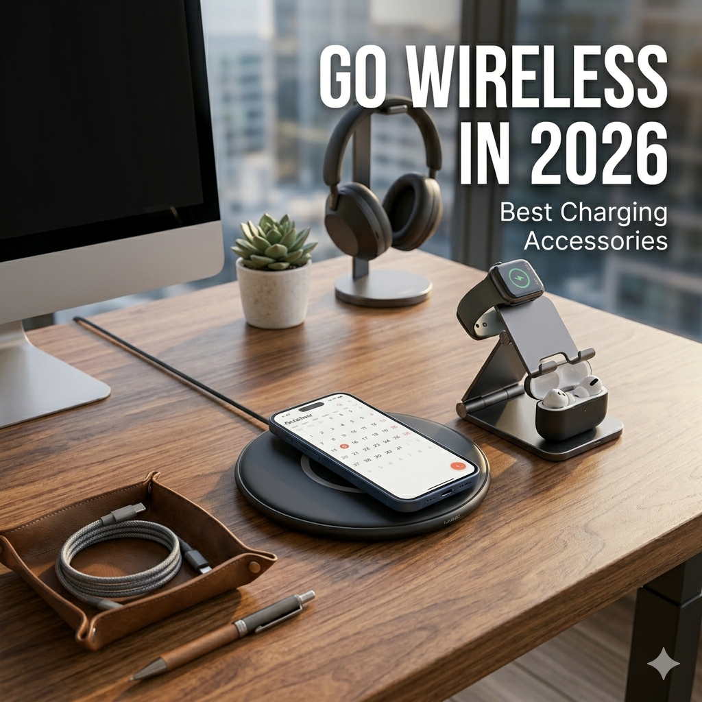 Modern desk setup with wireless charger, smartphone accessories, and organized charging devices.