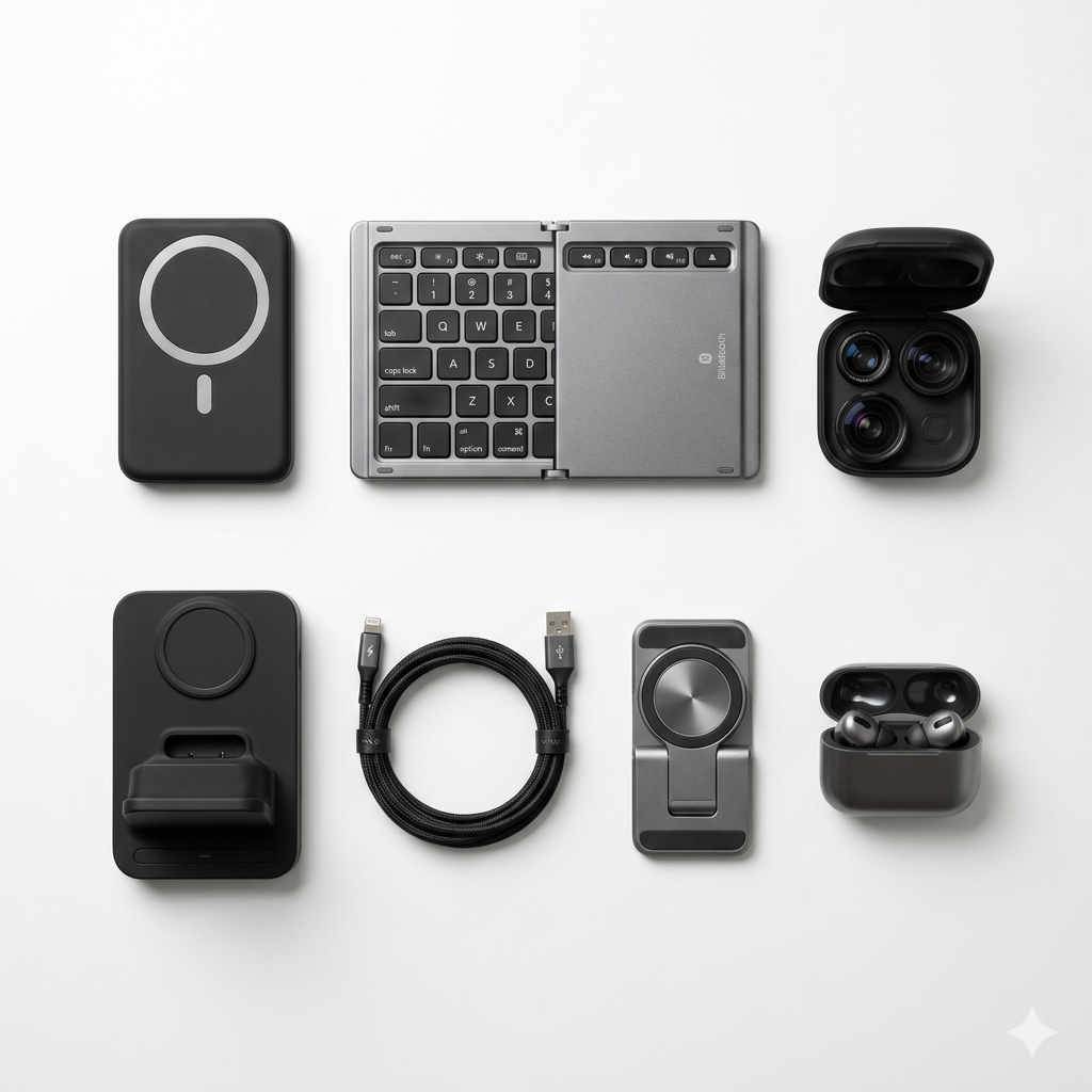 A high-resolution 1:1 square ratio knolling photography of 7 modern phone accessories (magnetic power bank, foldable keyboard, lens kit, charging dock, grip, etc.) arranged neatly on a minimalist white desk. Professional studio lighting, clean aesthetic.