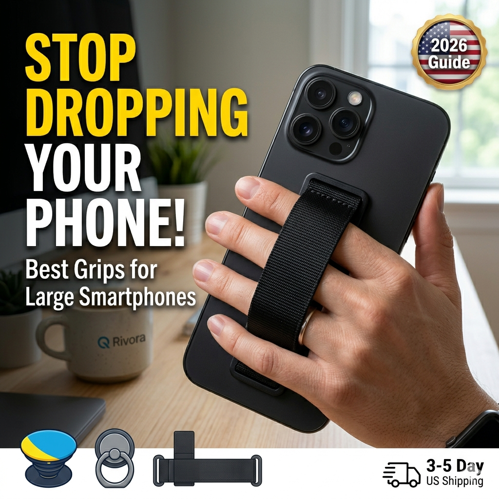 A square close-up of a hand securely holding a large phone with a sleek black magnetic grip.