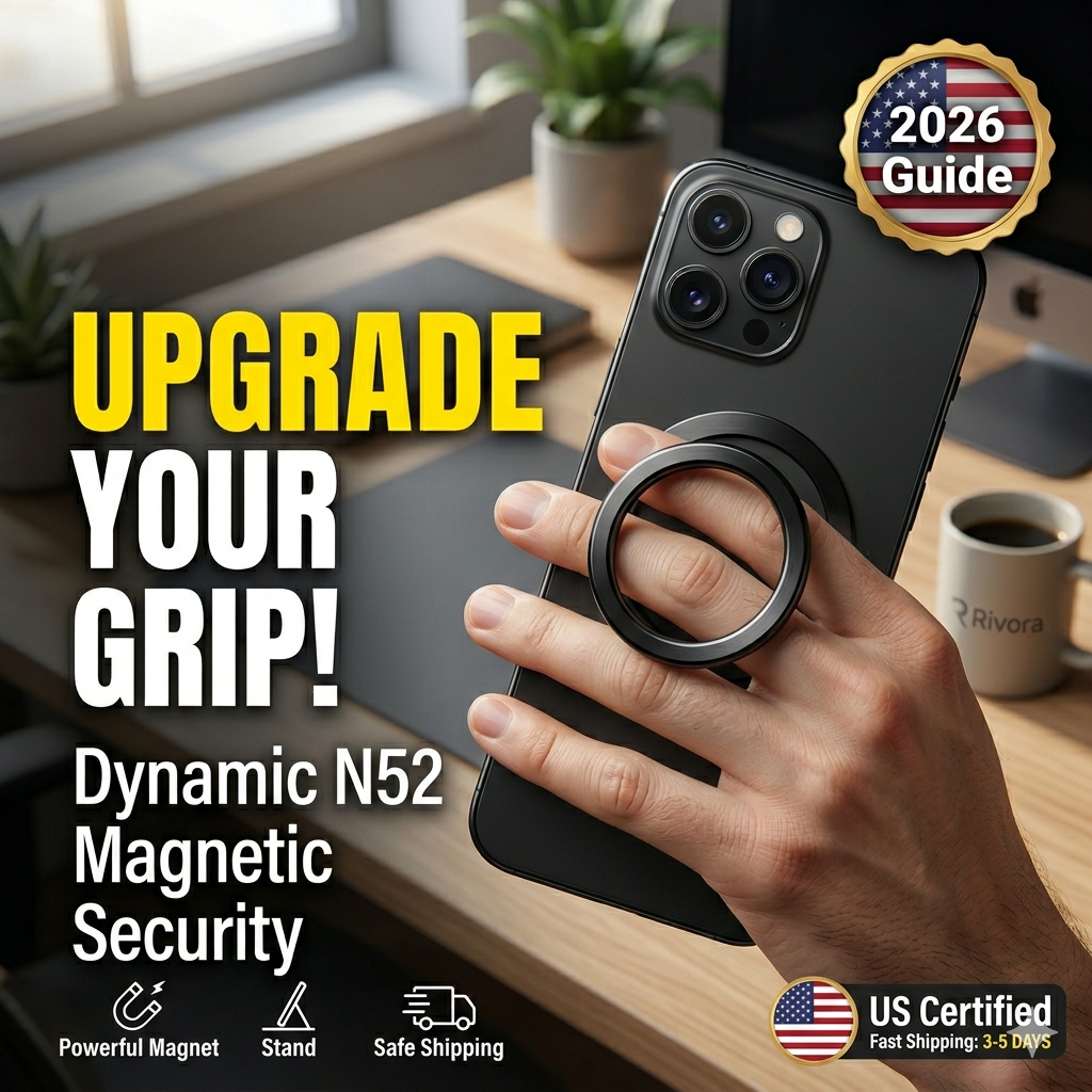 hand holding large phone with black ring grip, yellow text "UPGRADE YOUR GRIP!", 2026 Guide.
