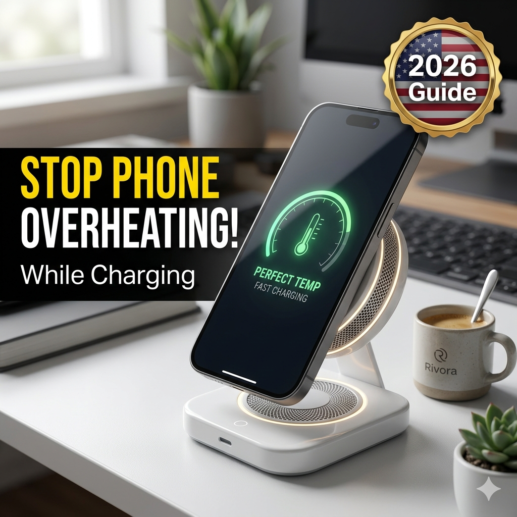 Bold thumbnail: Large phone connected to a sleek Magsafe cooling stand with green 'PERFECT TEMP' text on screen, yellow heading "STOP PHONE OVERHEATING!", 2026 Guide.