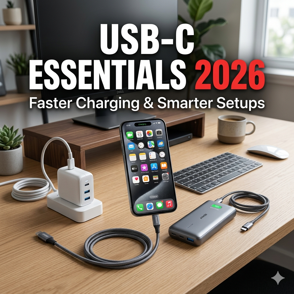 Modern USB-C charging accessories with smartphone and minimalist desk setup.