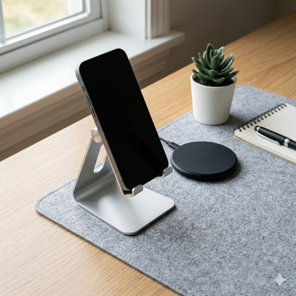 A clean and professional budget phone setup on a light wood desk featuring a silver aluminum phone stand and a sleek wireless charging pad, high-resolution 1:1 ratio.