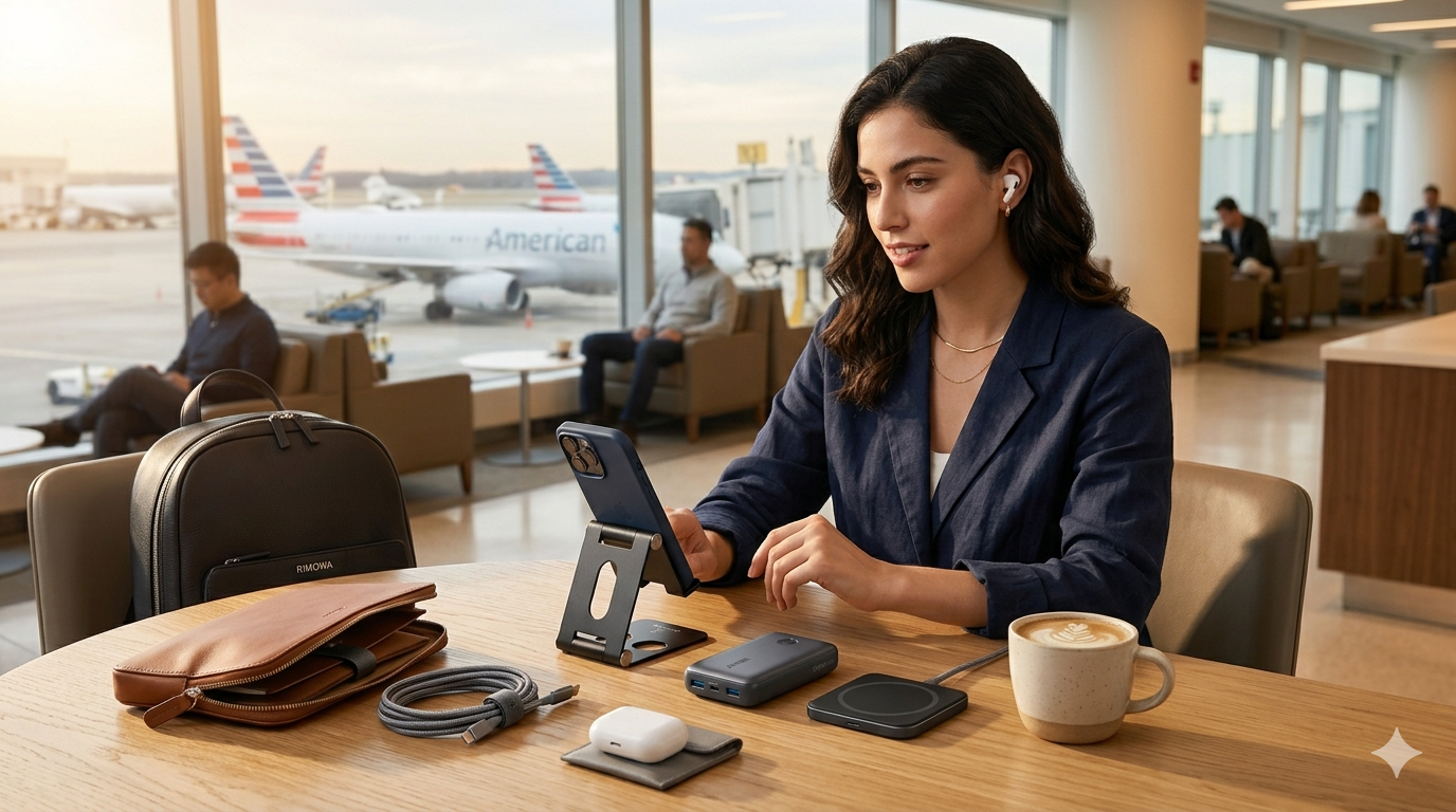 Modern smartphone travel accessories setup