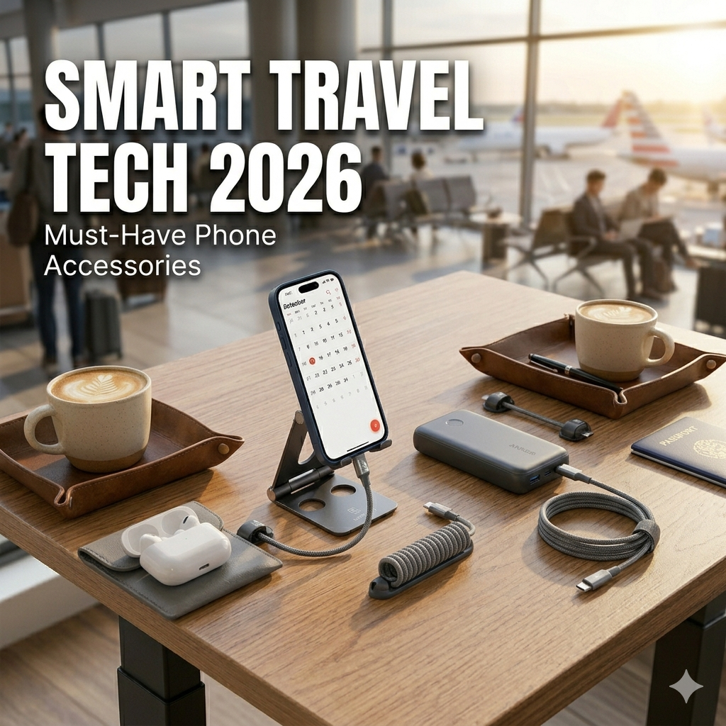 Travel phone accessories with portable charger, smartphone, and cable organizer on a modern travel setup.