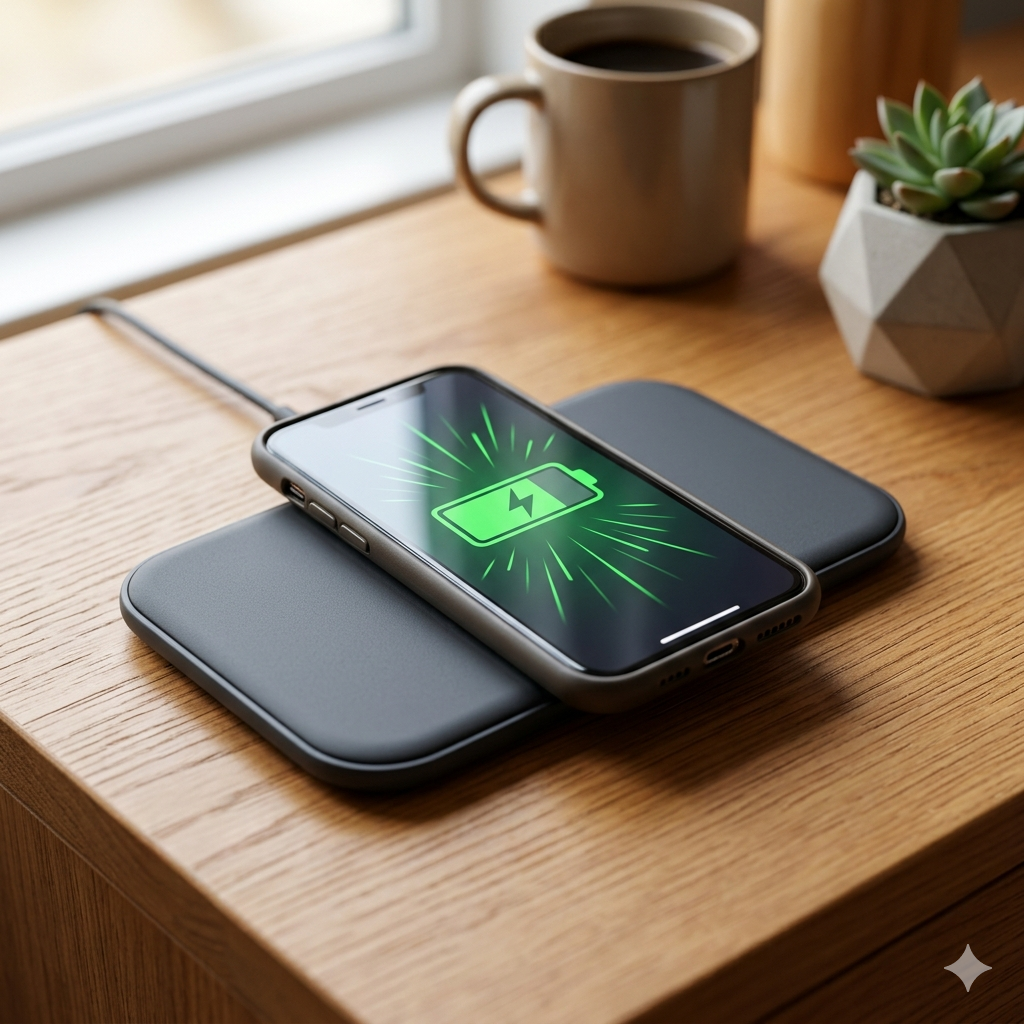 A stylish matte aluminum wireless charging pad is placed on a warm hardwood desk, and a smartphone is stably placed on top of it.