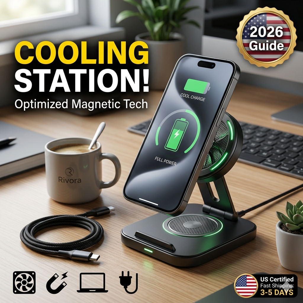 Bold thumbnail: hand holding cooling charger stand, green 'COOL CHARGE' screen graphic, yellow text "COOLING STATION!", 2026 Guide.