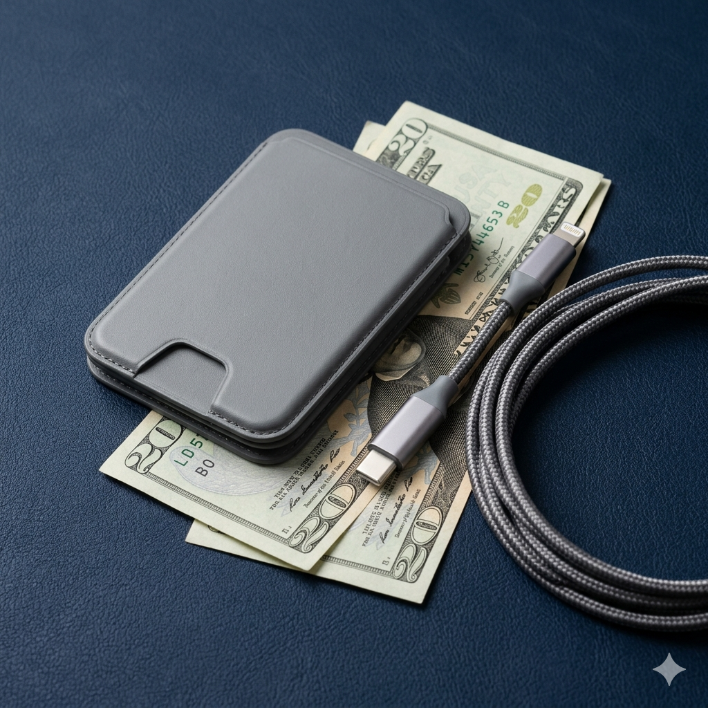 A high-resolution 1:1 square ratio photo of a sleek grey MagSafe phone wallet/stand and a grey braided cable on a textured navy background, subtly referencing twenty-dollar bills underneath to suggest value under $30.