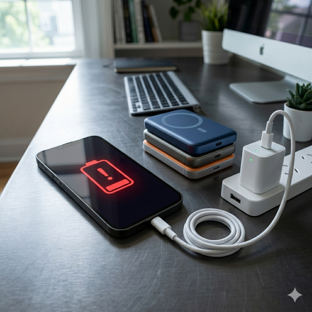 Smartphone on desk showing red low battery icon next to power banks and charger.