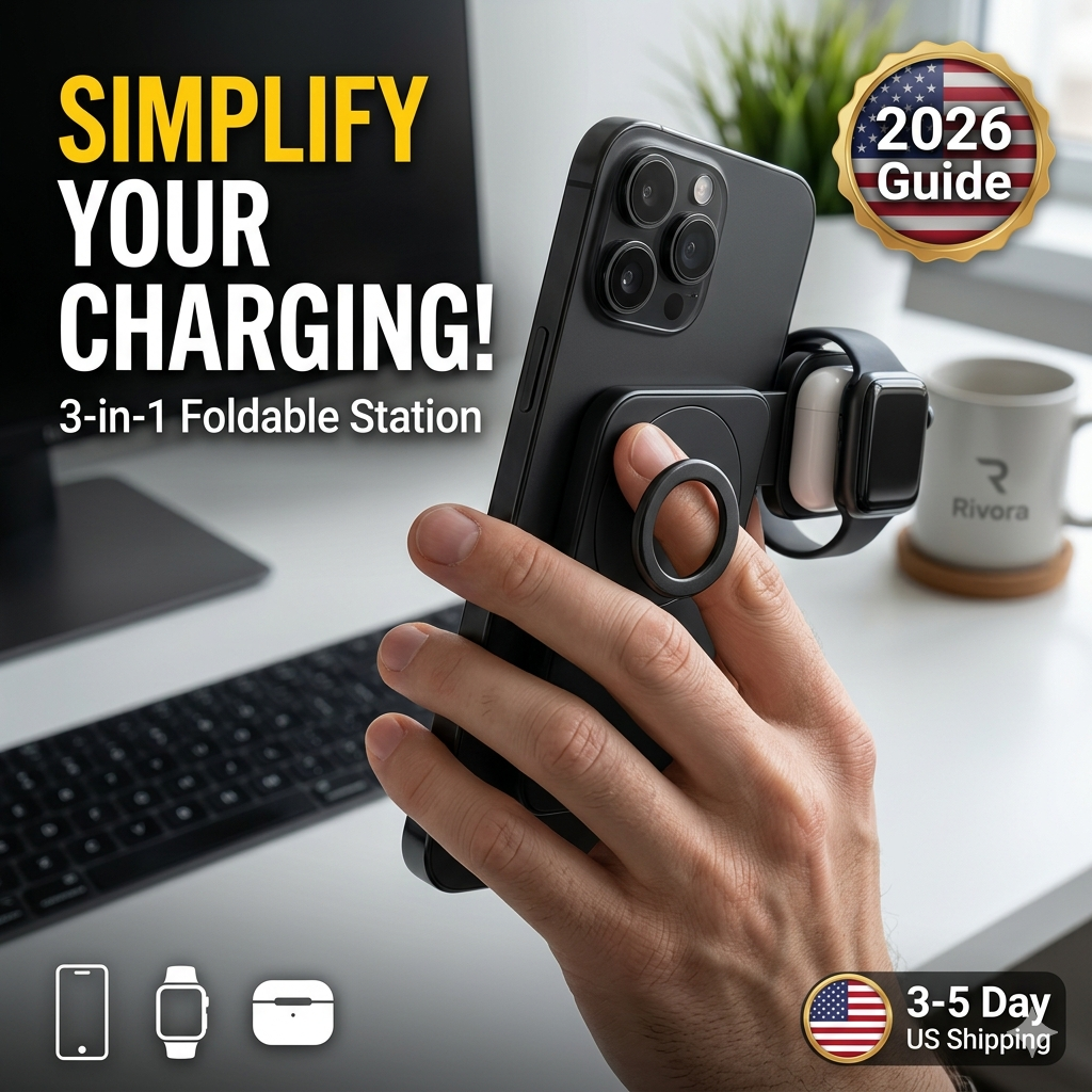 Bold thumbnail: hand holding large phone with 3-in-1 foldable station, yellow text "SIMPLIFY YOUR CHARGING!", 2026 Guide.