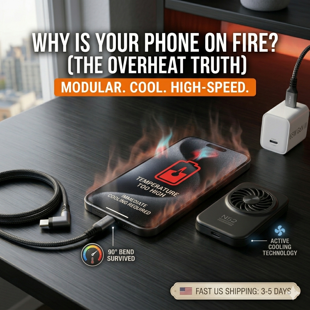 Square thumbnail showing a smartphone overheating on a desk with a red thermal warning icon, featuring an active cooling magnetic charger and a durable braided cable as solutions.