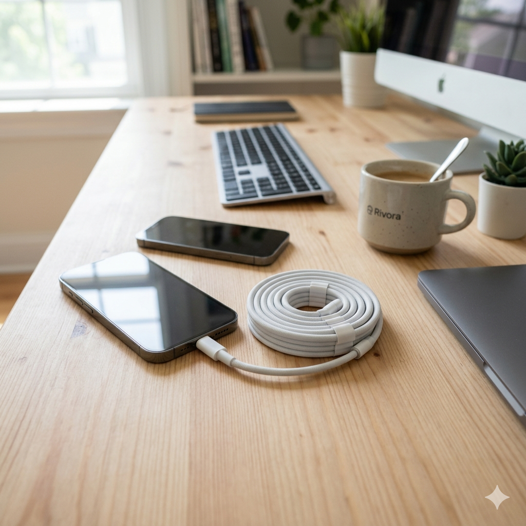 Square thumbnail of a minimalist desk featuring a white magnetic self-coiling cable perfectly rolled next to a smartphone on a clean wooden surface.