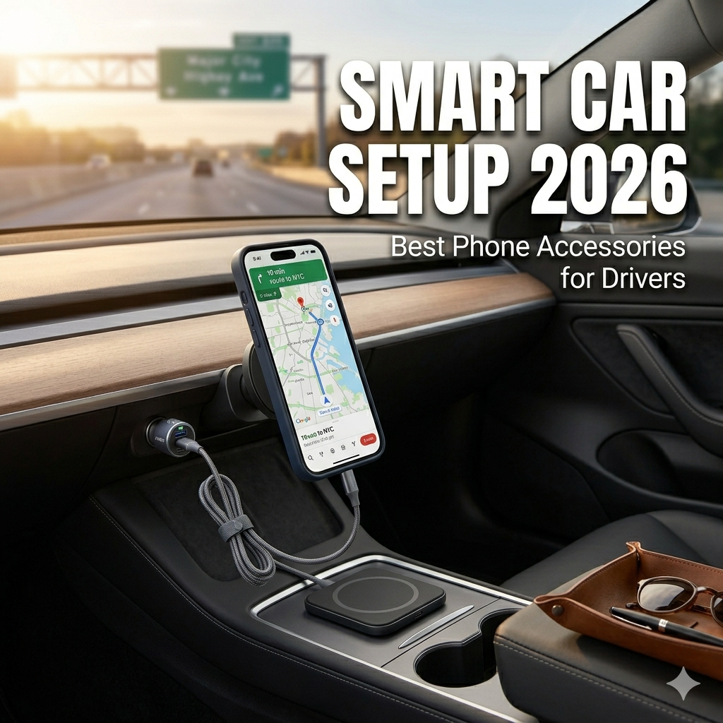 A realistic square thumbnail showing a modern vehicle interior with smartphone accessories including a magnetic car mount, wireless charging holder, USB-C charger, and navigation phone setup with premium lighting and clean dashboard organization.