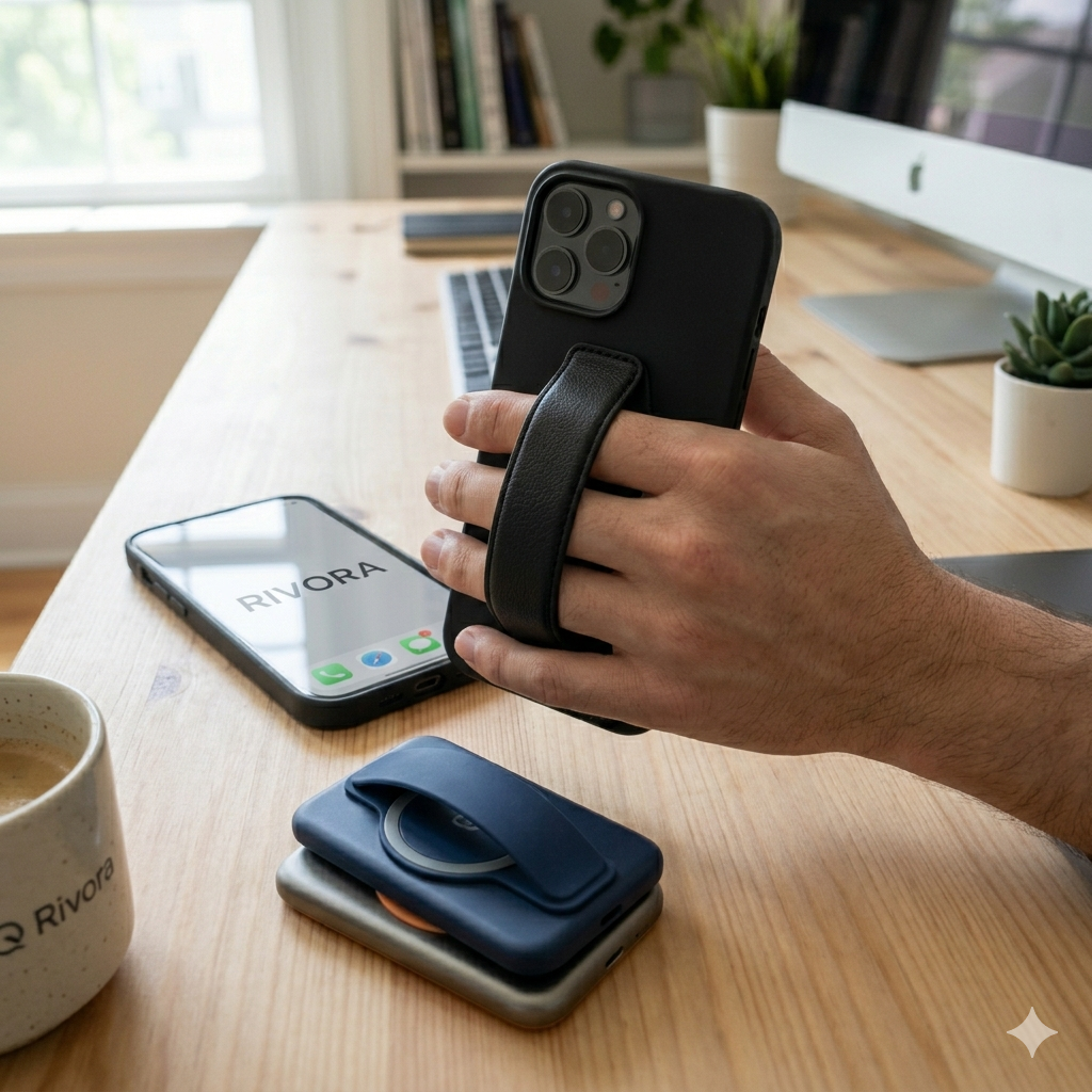 A square close-up of a hand securely holding a large phone with a sleek black magnetic grip.
