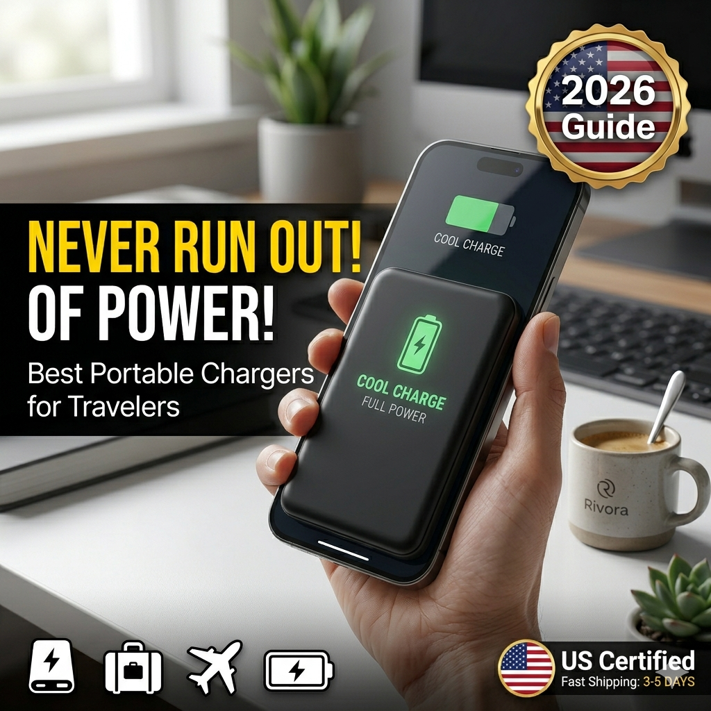 hand snapping magnetic power bank onto phone, full power screen graphic, yellow text "NEVER RUN OUT!", 2026 Guide.