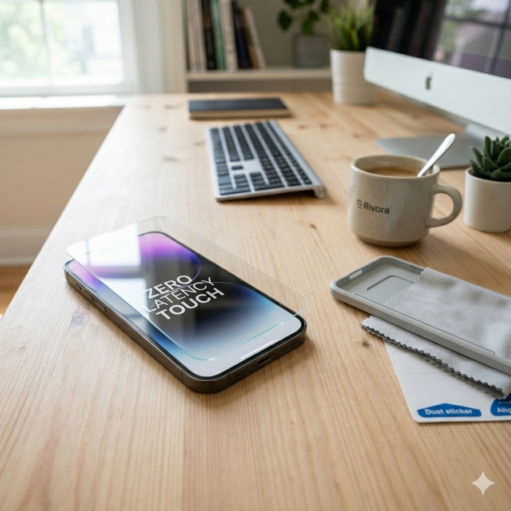 A square thumbnail photograph of a premium smartphone with a crystal-clear screen protector being applied on a minimalist clean desk.
