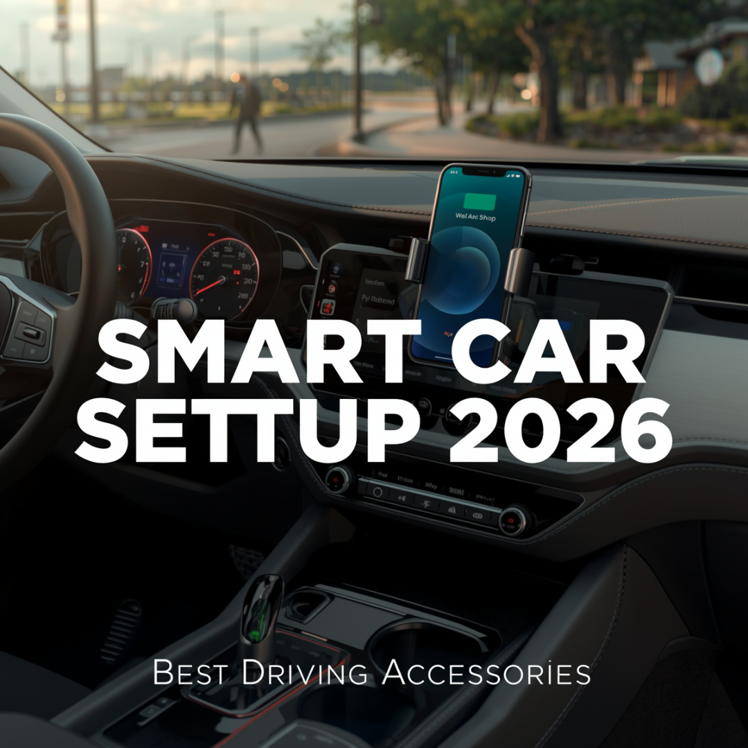 Modern car setup with smartphone mount and wireless charging accessories.