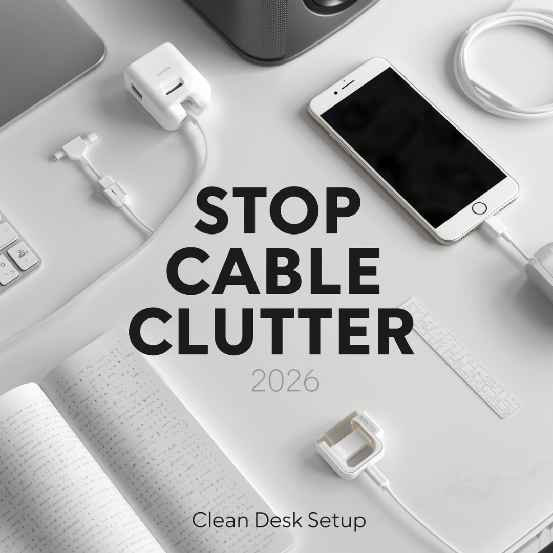 Modern desk setup with organized charging cables and cable management accessories.