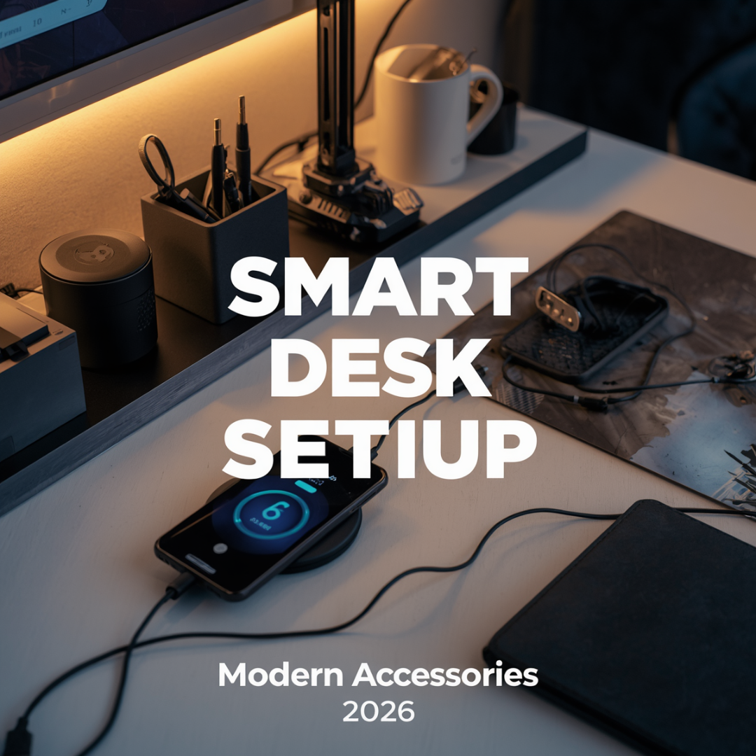 Modern desk setup with wireless charger and minimalist smartphone accessories.