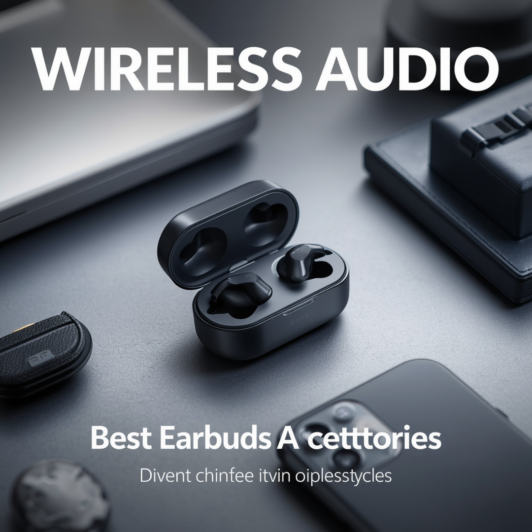 Wireless earbuds accessories with charging case and minimalist tech setup.
