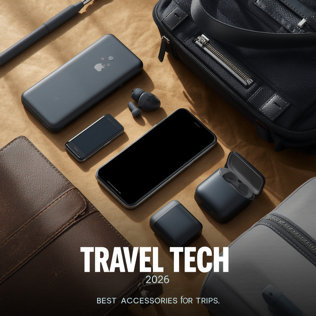 Travel tech accessories with portable charger and smartphone setup.