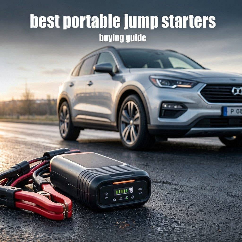 Portable lithium car jump starter ready for emergency vehicle battery assistance.
