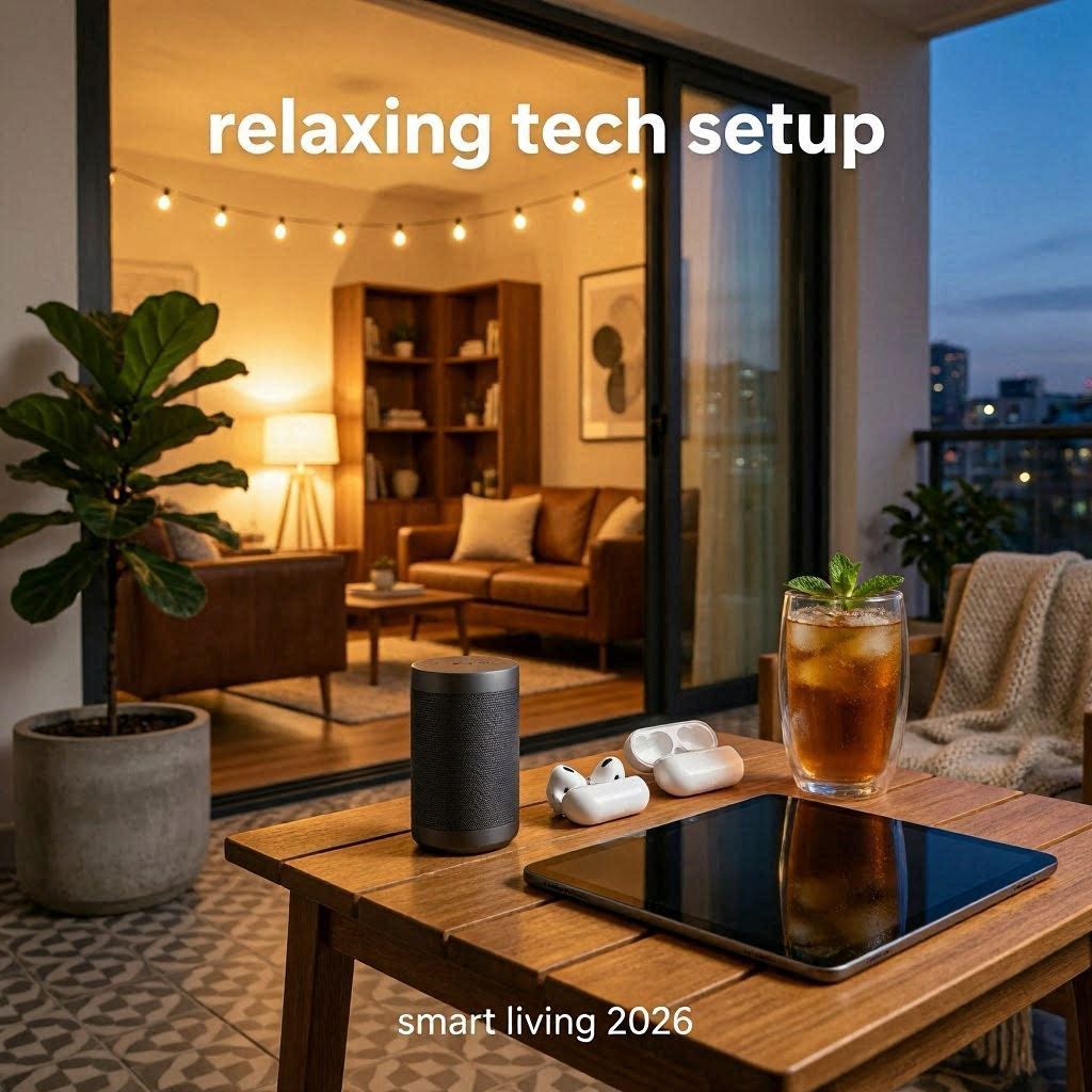 Cozy balcony setup with Bluetooth speaker and portable wireless gadgets.