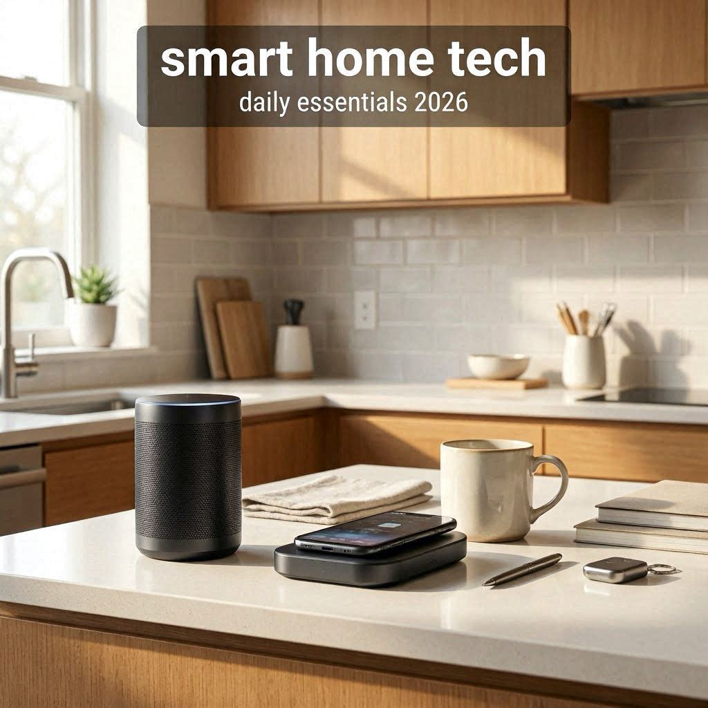 Modern kitchen counter with smart home gadgets and wireless charging accessories.