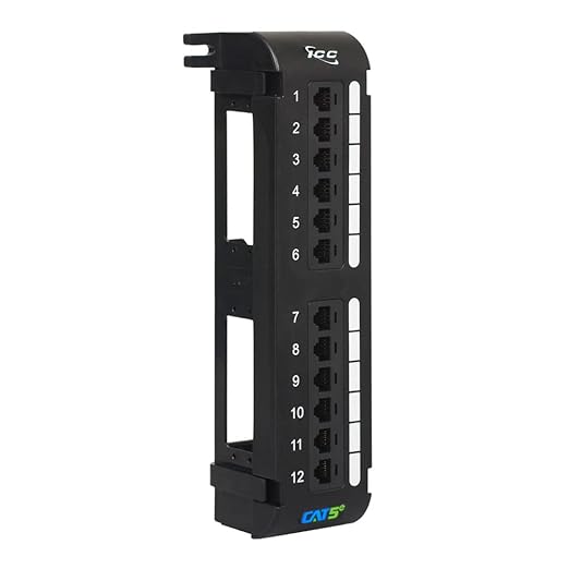 ICC CAT5e Patch Panel, UL Listed & PoE++ Rated Gigabit Applications, Wall Mount 12 Port Network Patch Panel with Rear 110 IDC Terminal Blocks and 89D Wall Mount Bracket, Black