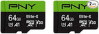 PNY 64GB Elite-X Class 10 U3 V30 microSDXC Flash Memory Card 2-Pack - 100MB/s, Class 10, U3, V30, A1, 4K UHD, Full HD, UHS-I, Micro SD