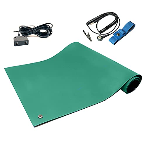 RubberStat Dual Layer ESD Compliant Workstation Rubber Table Mat Kit, Soldering, Cell Phone Repair, with Wrist Strap Set and Ground Cord - 30"x16" Green