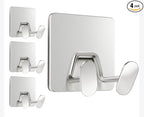 Adhesive Shower Hooks for Inside - Extra Sticky Stainless, Razor Holder Shower Accessories, Wall Mounted Self-Adhesive Double Hooks for Razor, Loofah, Towel, Shaver, Coat, Key, Silver, 4-Pack