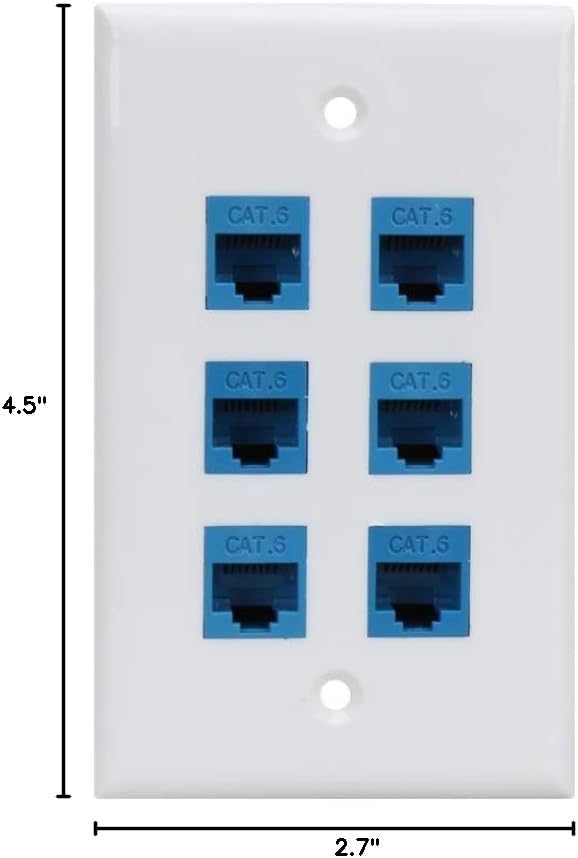 Cat 6 Ethernet Wall Plate 6 Port,Ethernet Wall Plate Female-Female Removable Compatible with Cat7/6/6e/5/5e Ethernet Devices -Blue