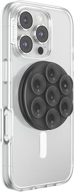 PopSockets Suck-Up™ Suction Grip & Stand, 3-in-1 MagSafe Phone Mount for iPhone, Strong Hold on Mirrors & Glass, Swappable Top, Portable & Reusable - Translucent Black