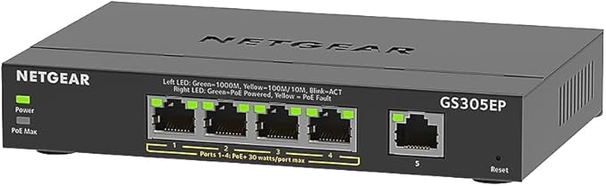 NETGEAR 5 Port PoE Gigabit Ethernet Easy Smart Managed Essentials Switch (GS305EP) - with 4 x PoE+ @ 63W, Desktop or Wall Mount
