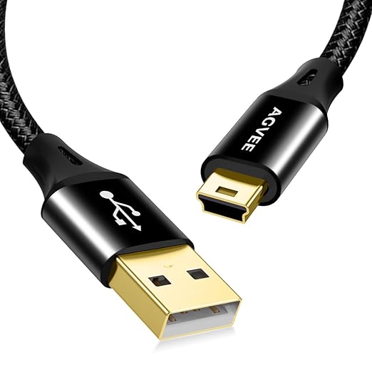 AGVEE 2 Pack 1ft Mini USB Cable, Braided Durable USB-A to Mini-B Charger Charging Cord for TI-84, Garmin GPS, Go-Pro Hero 4 3 2 HD, PS3 Controller, Canon Camera, Blue Yeti Microphone, Black