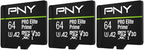 PNY 64GB PRO Elite Prime C10 U3 V30 A2 microSDXC Flash Memory Card – Ultra-Fast Speeds, Read 200MB/s, Write 110MB/s, 4K UHD, Full HD, UHS-I, for Smartphones, Drones, Action Cameras, 3-Pack