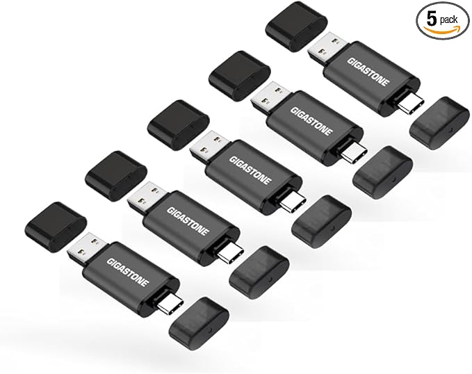 GIGASTONE 32GB Dual Flash Drive (5 Pack) Z40 USB 3.2 Gen 1, 2-in-1 Type-A & Type-C, 100MB/s Ultra Fast, Head Cap Design, Plug & Play for Smartphone/PC/Mac/TV/Car Audio, USB 2.0/3.0/3.1 Compatible