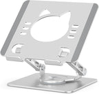 Tablet Stand 360° Rotating Aluminum Holder, Adjustable, Portable and Foldable Monitors Stand for iPads, Compatible with 4-12.9" Tablets, Silver