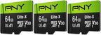PNY 64GB Elite-X Class 10 U3 V30 microSDXC Flash Memory Card, 3 Count (Pack of 1) - 100MB/s, Class 10, U3, V30, A1, 4K UHD, Full HD, UHS-I, Micro SD