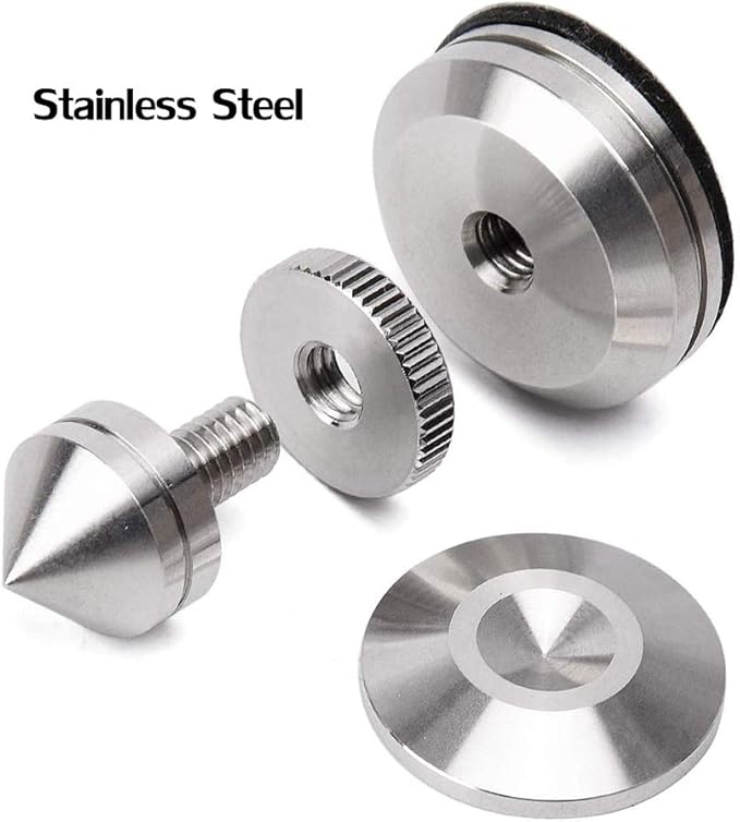 4 Sets Speaker Isolation Stand Feet, Stainless Steel Speaker Base Pads, Shockproof 28-32mm Adjustable Speaker Vibration Absorber Spike Cone Mats for Amplifier Turntable DAC Recorder CD (27x29x5MM)