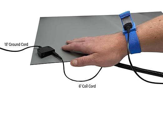 RubberStat Dual Layer ESD Compliant Workstation Rubber Table Mat Kit, Soldering, Cell Phone Repair, with Wrist Strap Set and Ground Cord - 30"x48" Grey